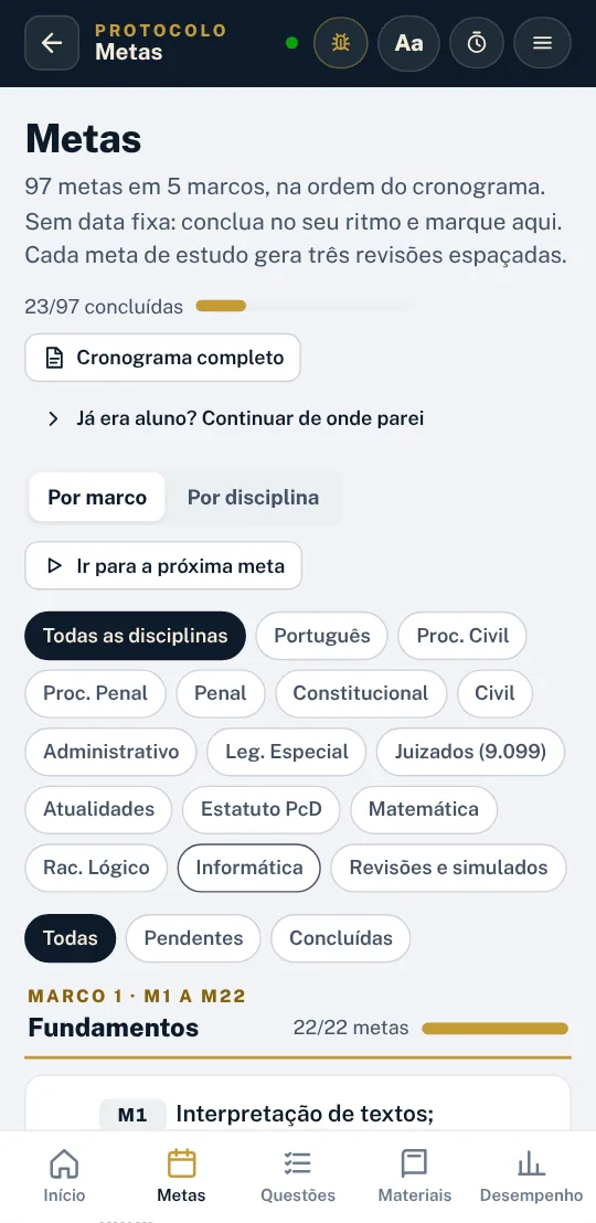 Tela do cronograma de metas