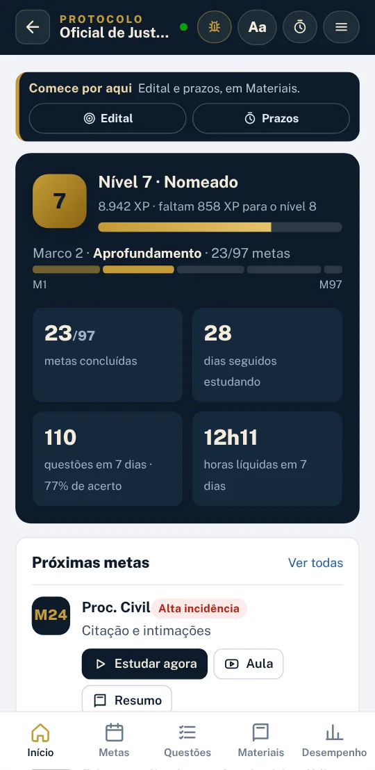 Painel inicial do App Protocolo Oficial de Justiça