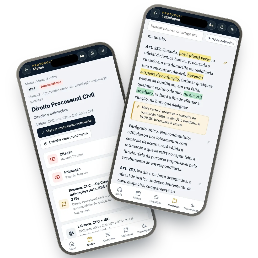 Telas da meta 24 e da lei seca do CPC no app do Oficial de Justiça