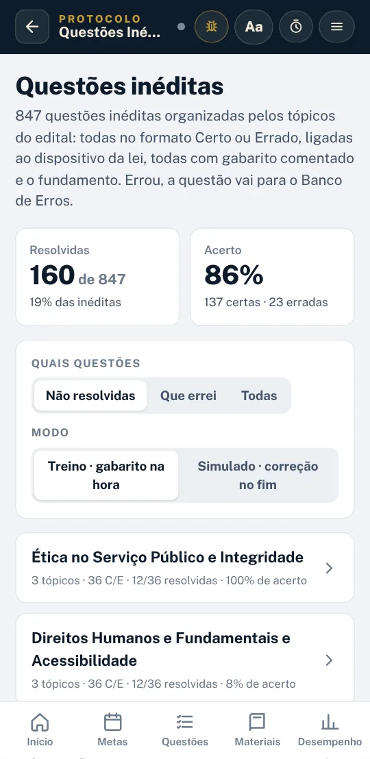 Tela de questões inéditas por tópico do edital