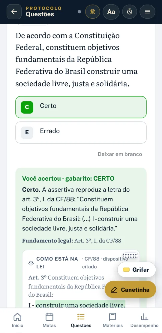 Tela de questão com o trecho da lei