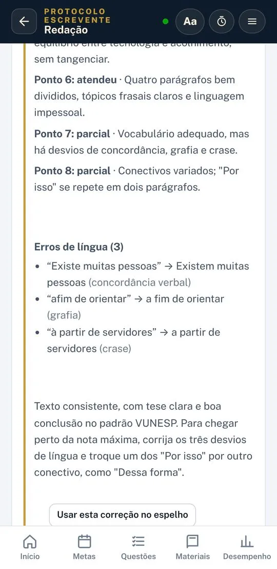 Tela de correção de redação