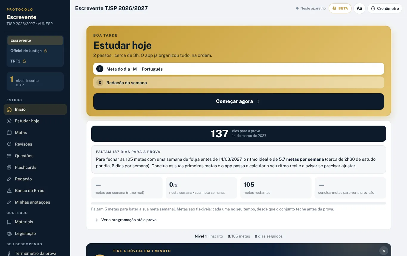 App no computador: Estudar hoje do Escrevente